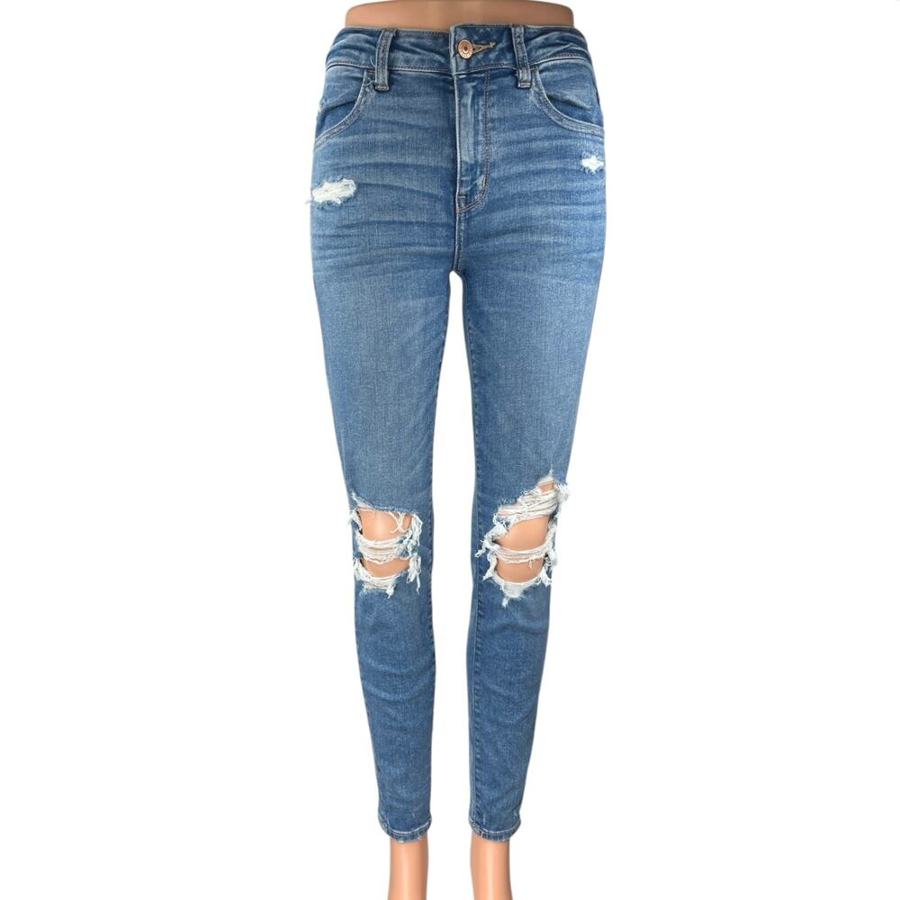 American Eagle Next Level Stretch Women's Blue Distressed Skinny Denim Jeans 4